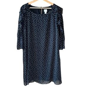 Chico’s Black/White Chiffon Polkadot Shift Dress. Size 14. 3/4 Ruffle Sleeve